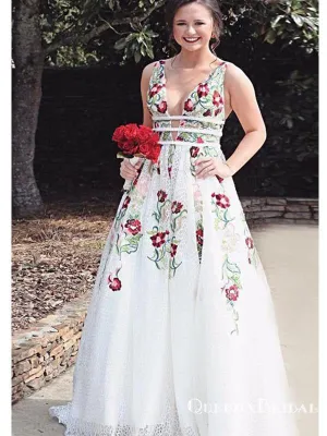Deep V Neck White Embroidery Long Cheap  Evening Prom Dresses, QB0411