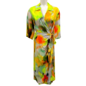 Dries van Noten Neon Yellow Multi Tie-Dye Belted Wrap Dress