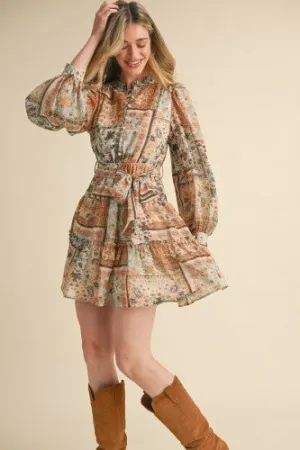Dusty Blue Patchwork Chiffon Button Dress