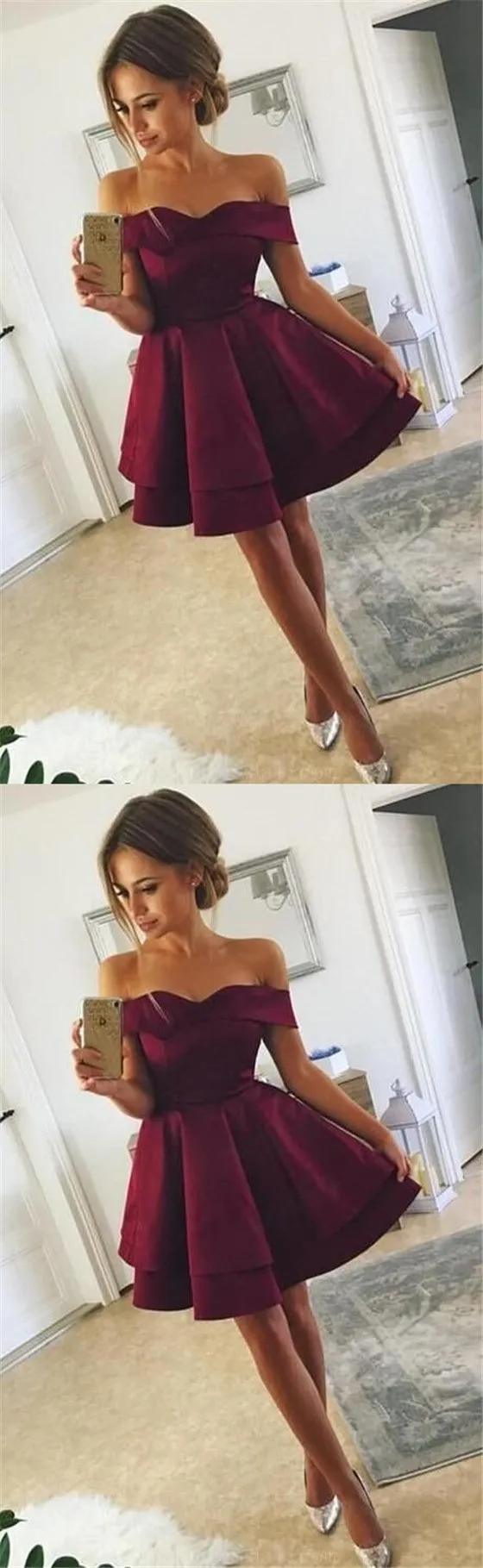 Elegant A-Line Off-Shoulder Short Cheap Satin Homecoming Dresses, TYP1082