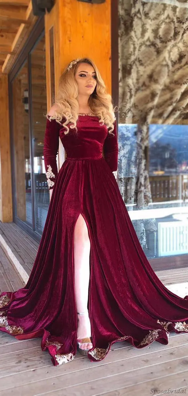 Elegant Burgundy Velvet Off-shoulder Long Sleeves Appliques Side-slit A-line Prom Dress, PD3167