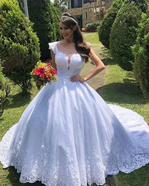 Elegant Lace Wedding Dress Ball Gown Cap Sleeve Appliques Bridal Gowns with Sheer V-Neck