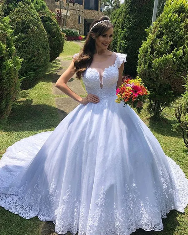 Elegant Lace Wedding Dress Ball Gown Cap Sleeve Appliques Bridal Gowns with Sheer V-Neck