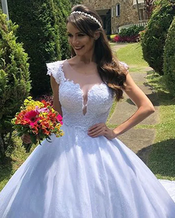 Elegant Lace Wedding Dress Ball Gown Cap Sleeve Appliques Bridal Gowns with Sheer V-Neck
