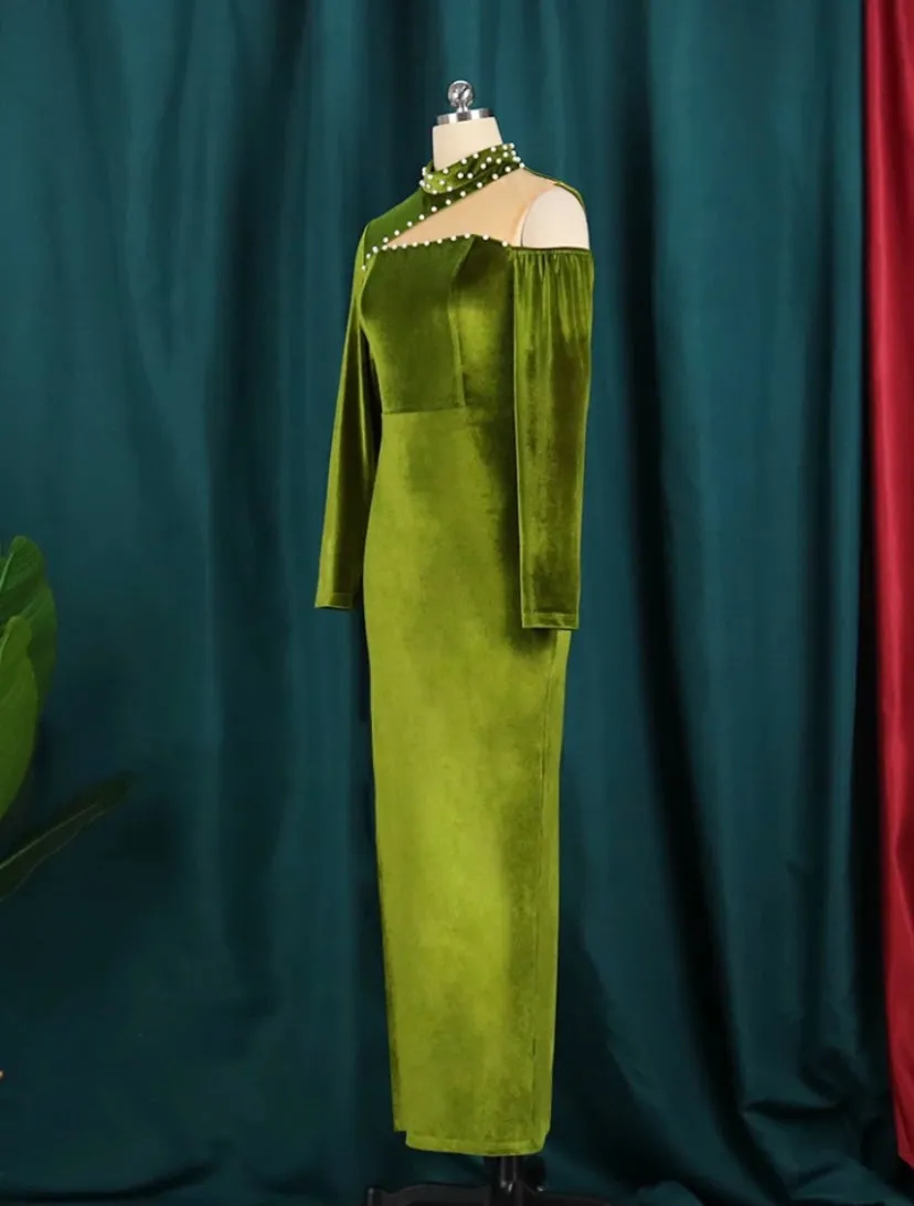 Elegant long sleeve dress Velvet Cut Out Beading Slit Long