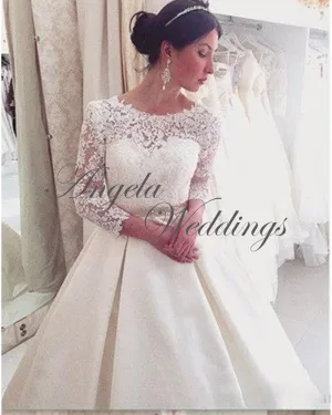 Elegant Satin Ball Gown Wedding Dresses with 3/4 Lace Sleeve