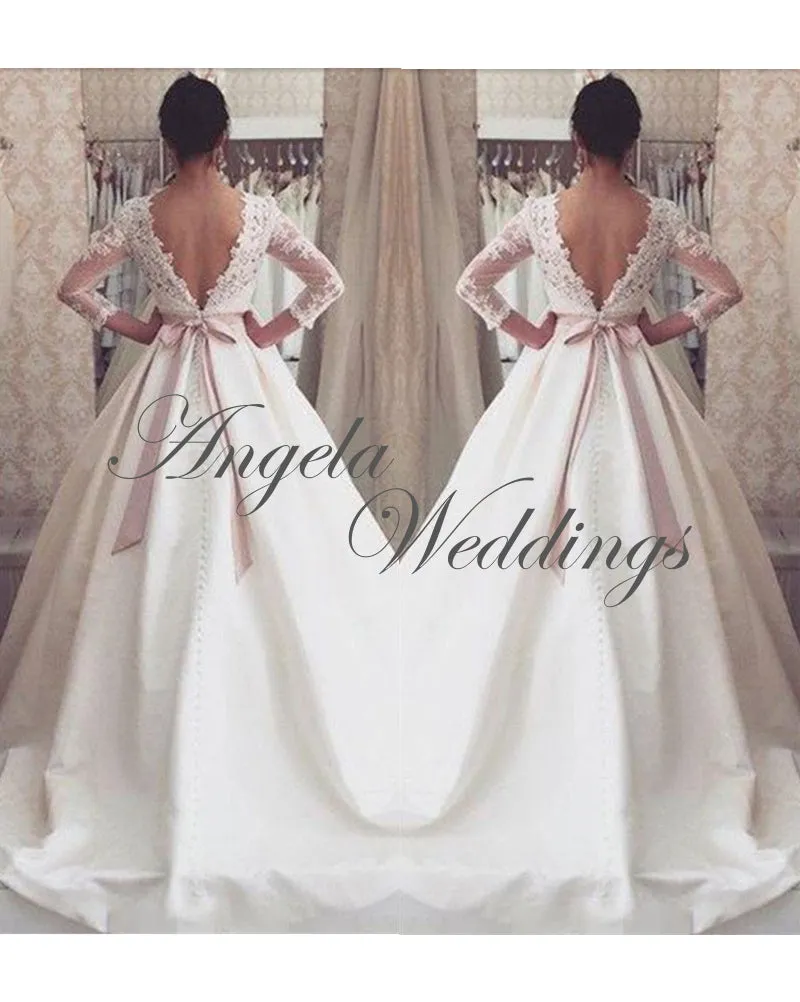 Elegant Satin Ball Gown Wedding Dresses with 3/4 Lace Sleeve