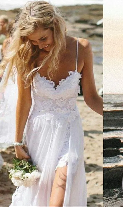 Elegant Spaghetti Straps Lace Appliqeus Beach Dress Long Chiffon-318623