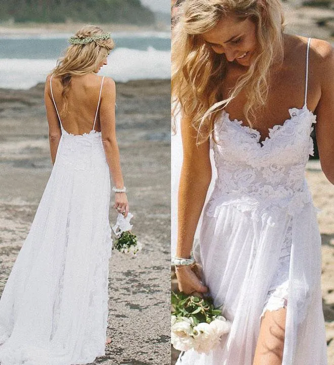 Elegant Spaghetti Straps Lace Appliqeus Beach Dress Long Chiffon-318623