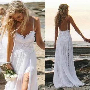 Elegant Spaghetti Straps Lace Appliqeus Beach Dress Long Chiffon-318623