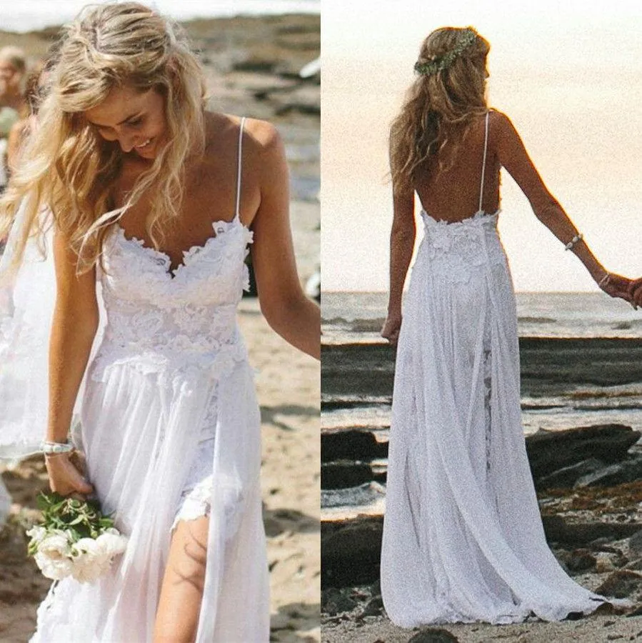 Elegant Spaghetti Straps Lace Appliqeus Beach Dress Long Chiffon-318623
