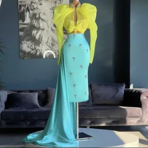 Elegant Two Piece Prom Dresses Long Sleeves Crystals