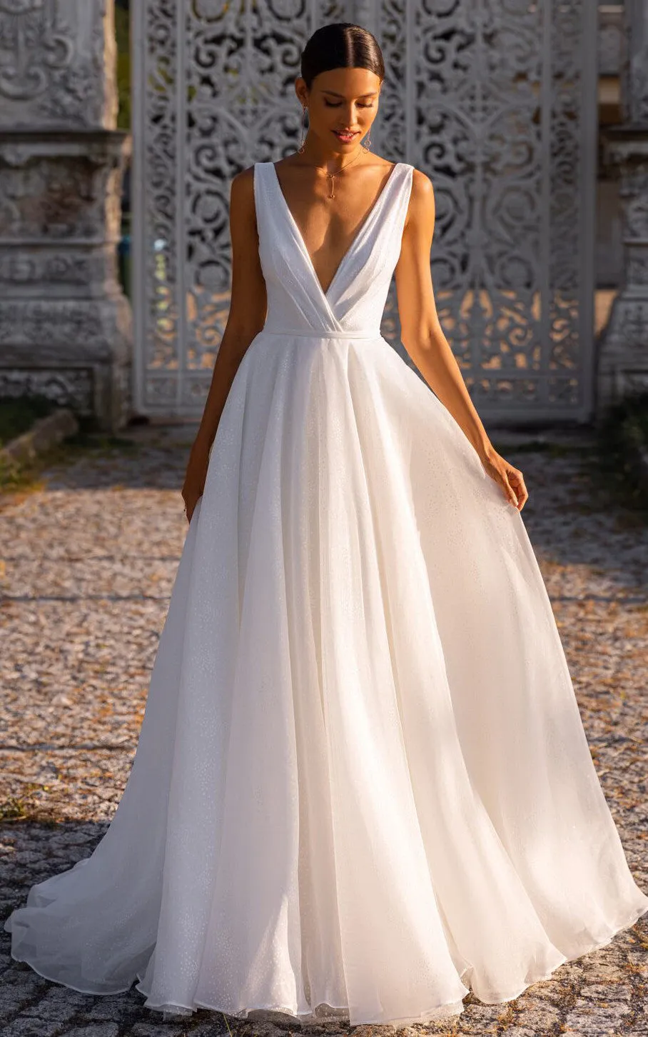 Elegant V-neck Ball Gown Chiffon Chapel Train Wedding Dress with Sash-716050