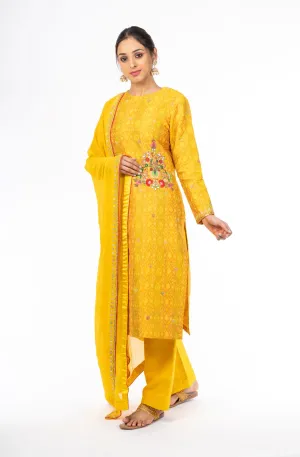 Elegant Yellow Color Raw Silk Ikkat Salwar Kameez with Chinon Dupatta