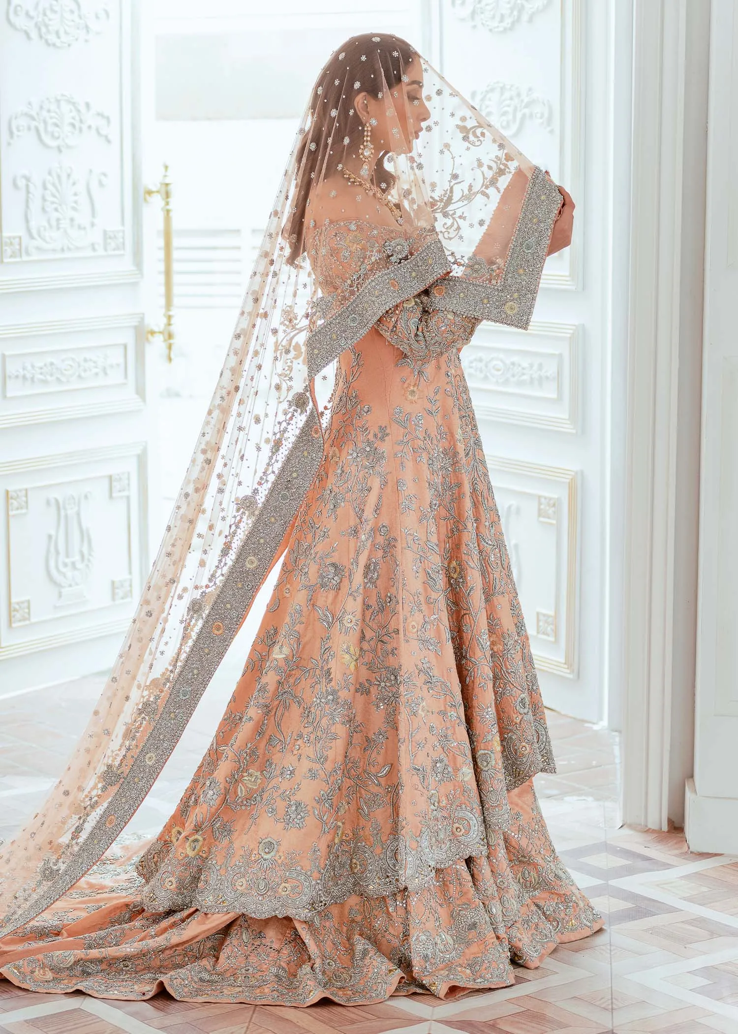 Embellished Designer Bridal Peach Color Lehenga Gown