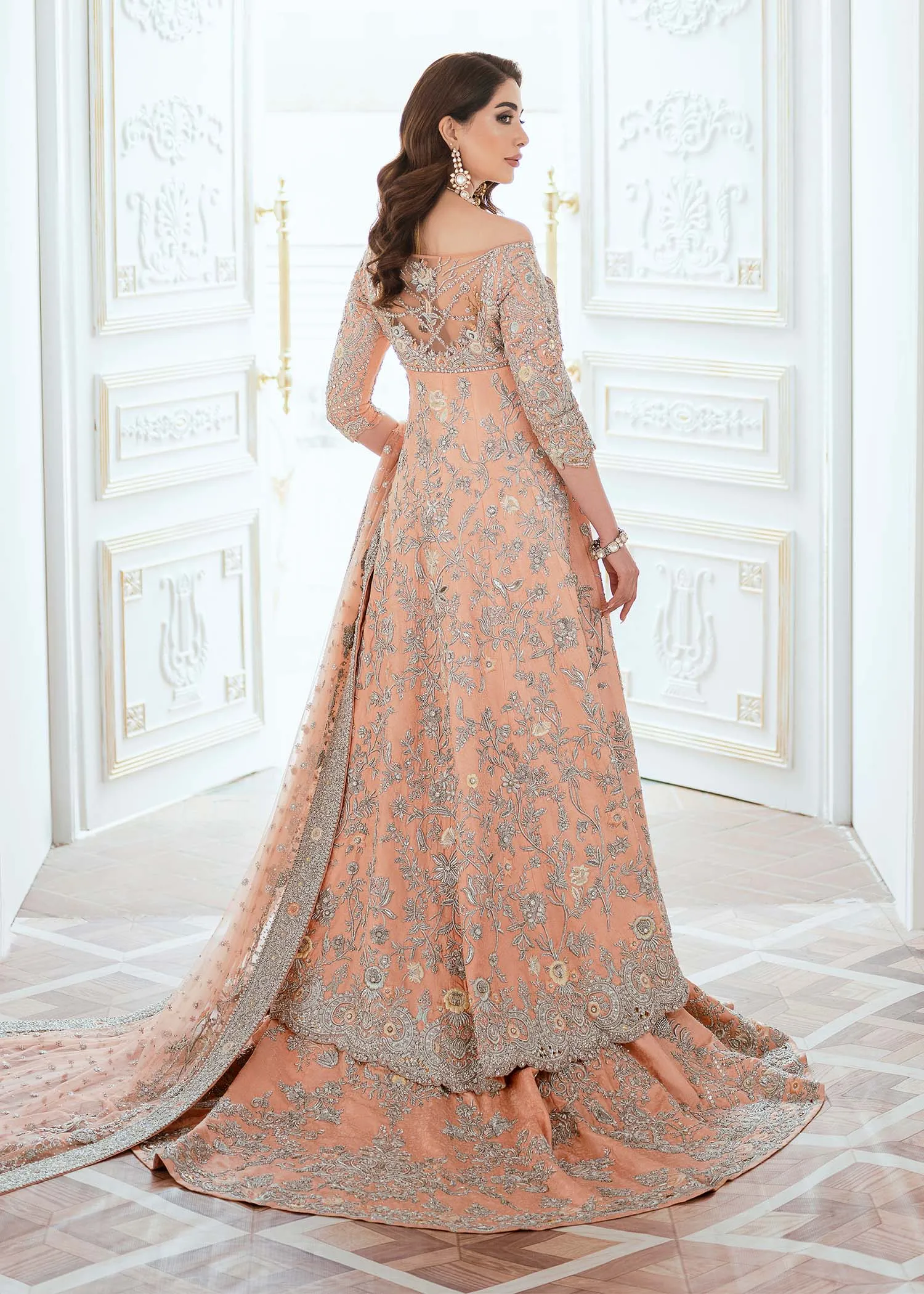 Embellished Designer Bridal Peach Color Lehenga Gown