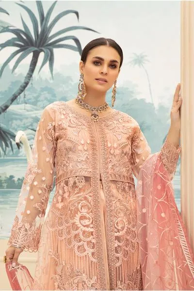 Embroidered Net Eid Dress in Peach Color #N0015
