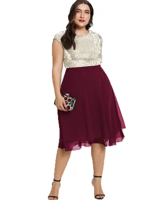 ESPRLIA Womens Plus Size Sequin Short Cap-Sleeve Holiday Party Homecoming Midi Dress Black and White
