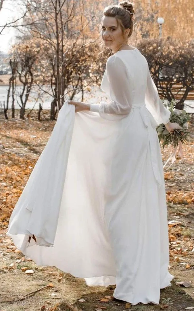 Ethereal A Line V-neck Chiffon Wedding Dress with Sash and Split Front-716073