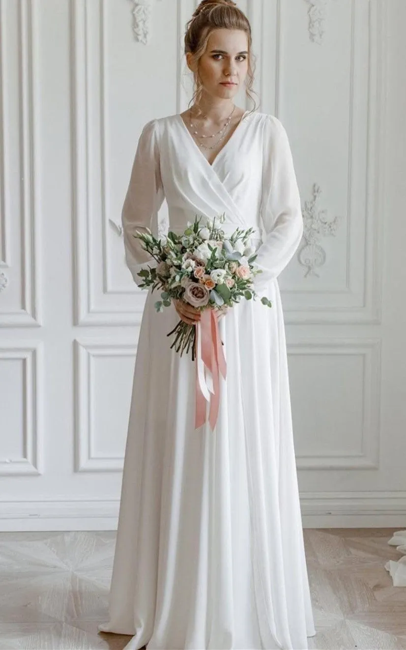 Ethereal A Line V-neck Chiffon Wedding Dress with Sash and Split Front-716073