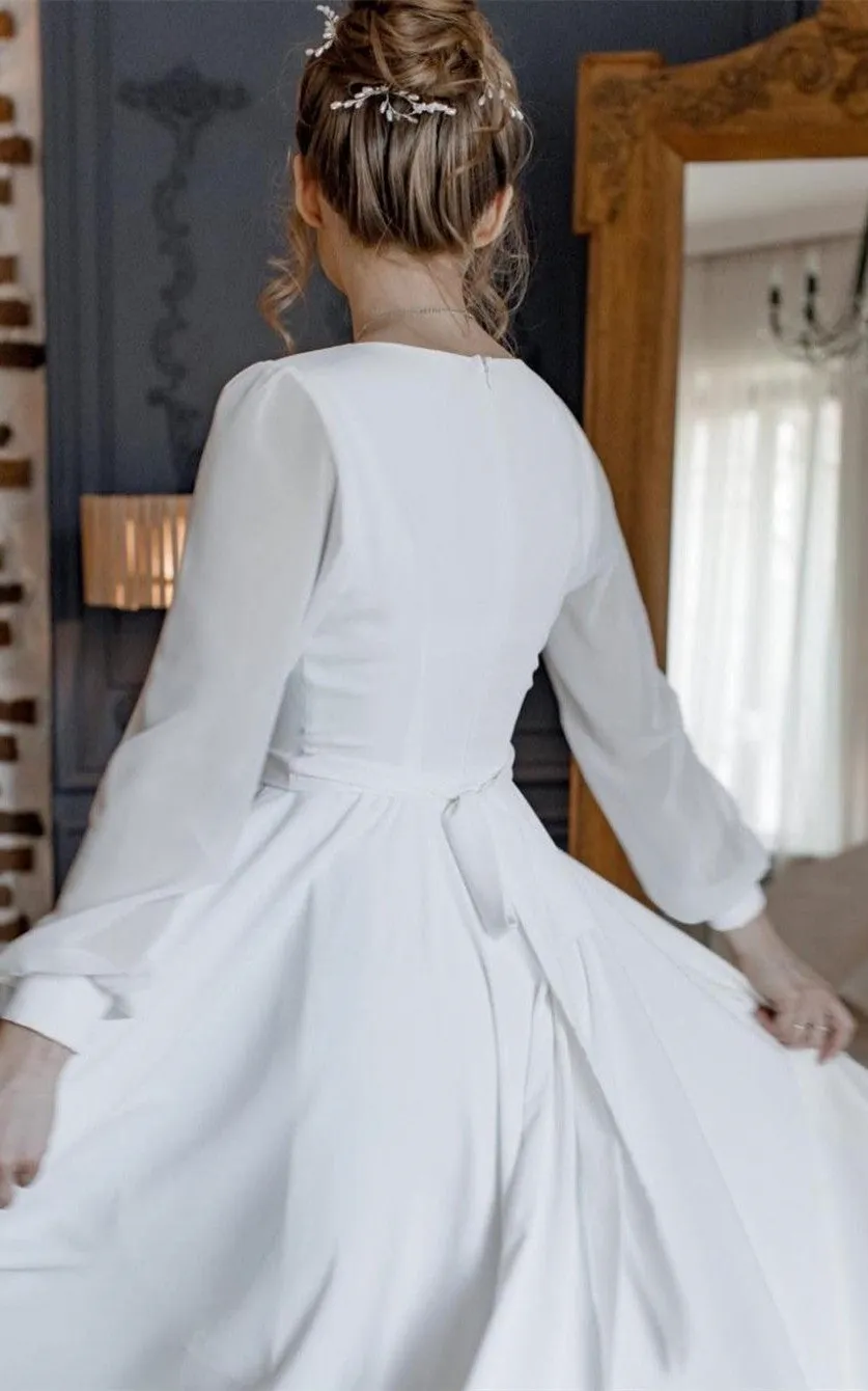 Ethereal A Line V-neck Chiffon Wedding Dress with Sash and Split Front-716073