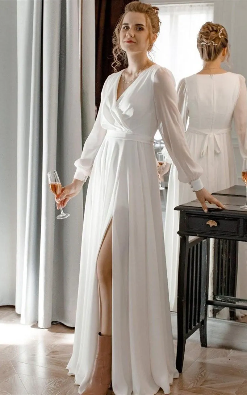 Ethereal A Line V-neck Chiffon Wedding Dress with Sash and Split Front-716073