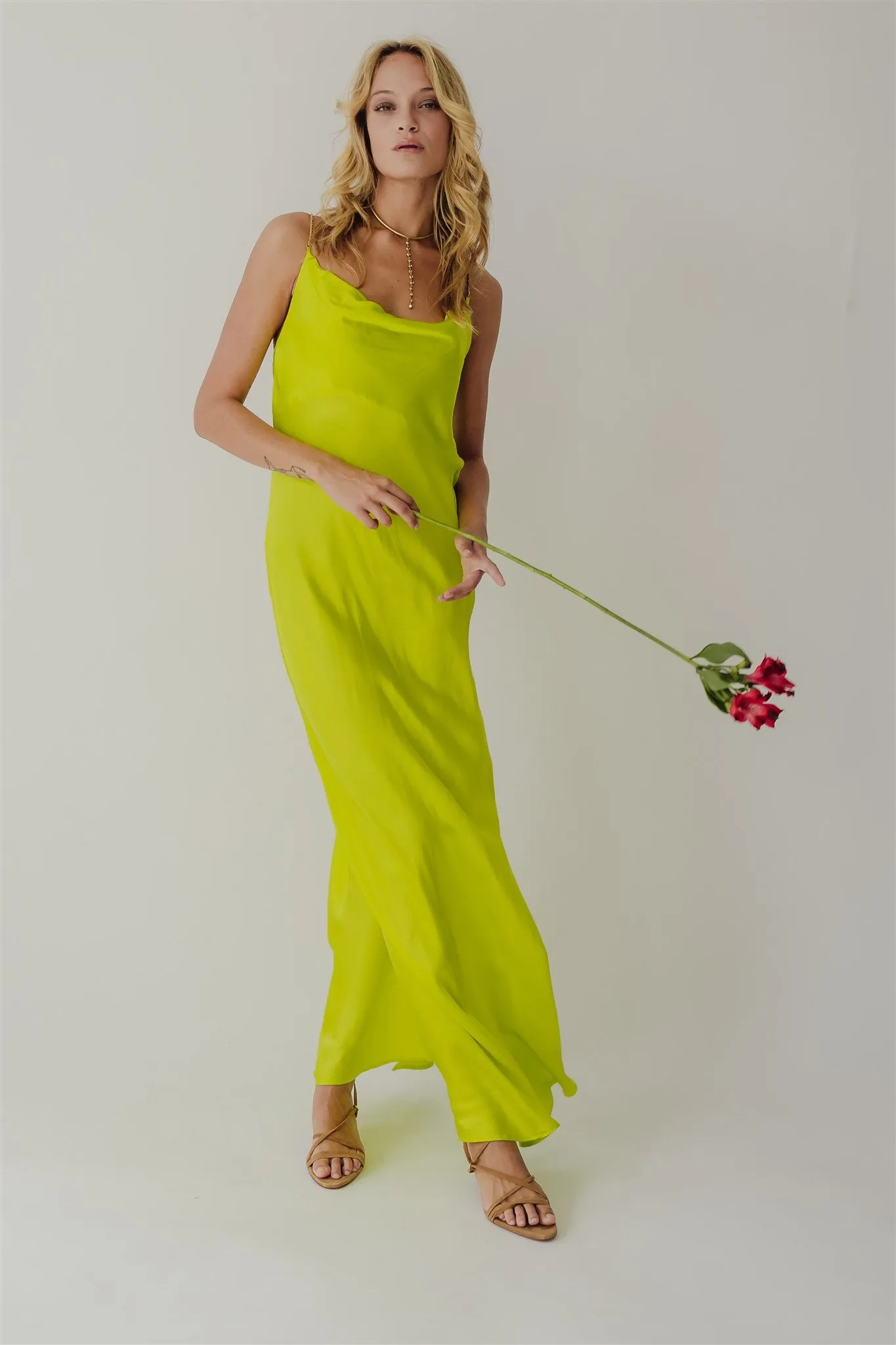 Fara Satin Long Dress Cyber Lime