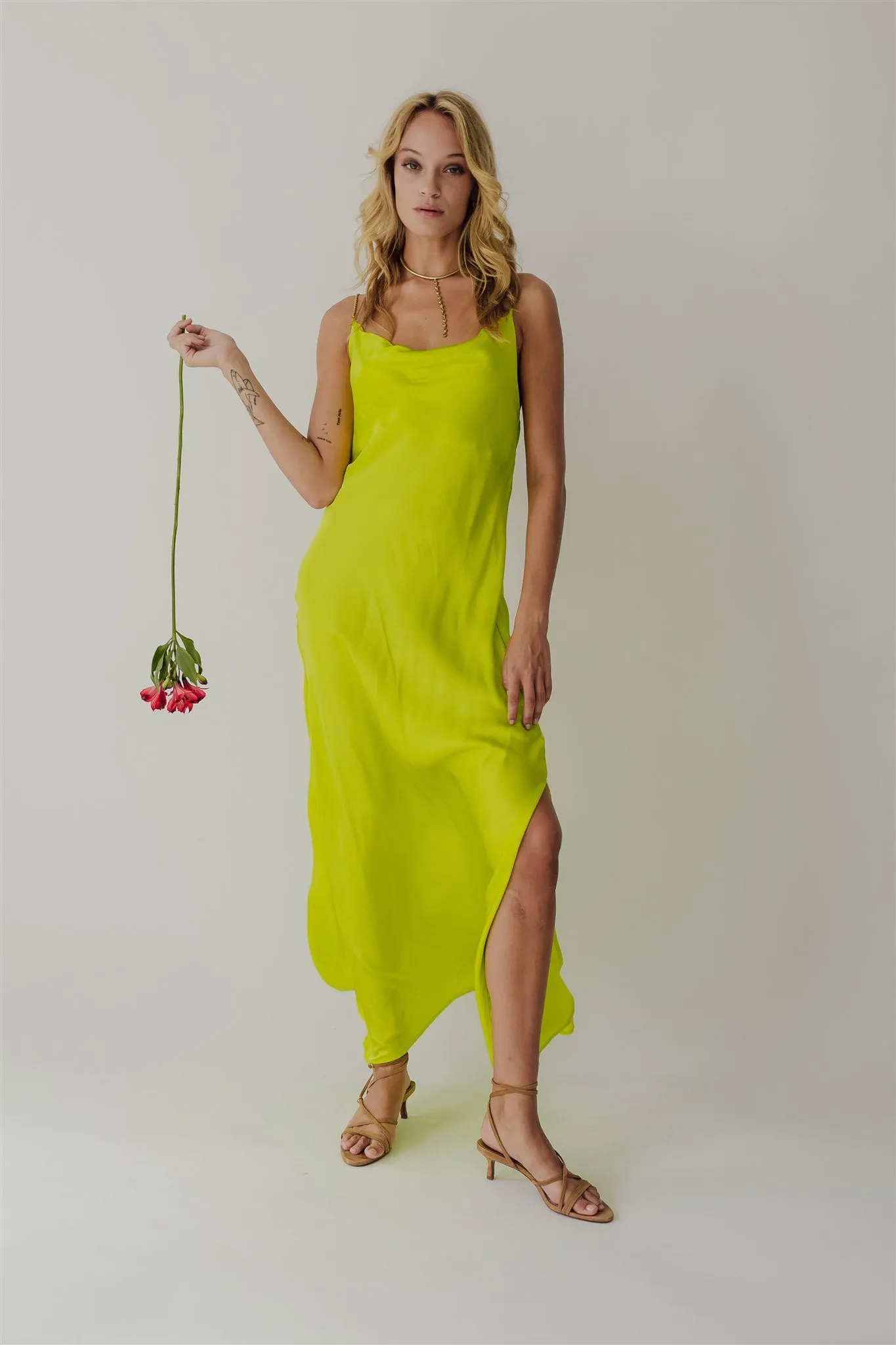 Fara Satin Long Dress Cyber Lime