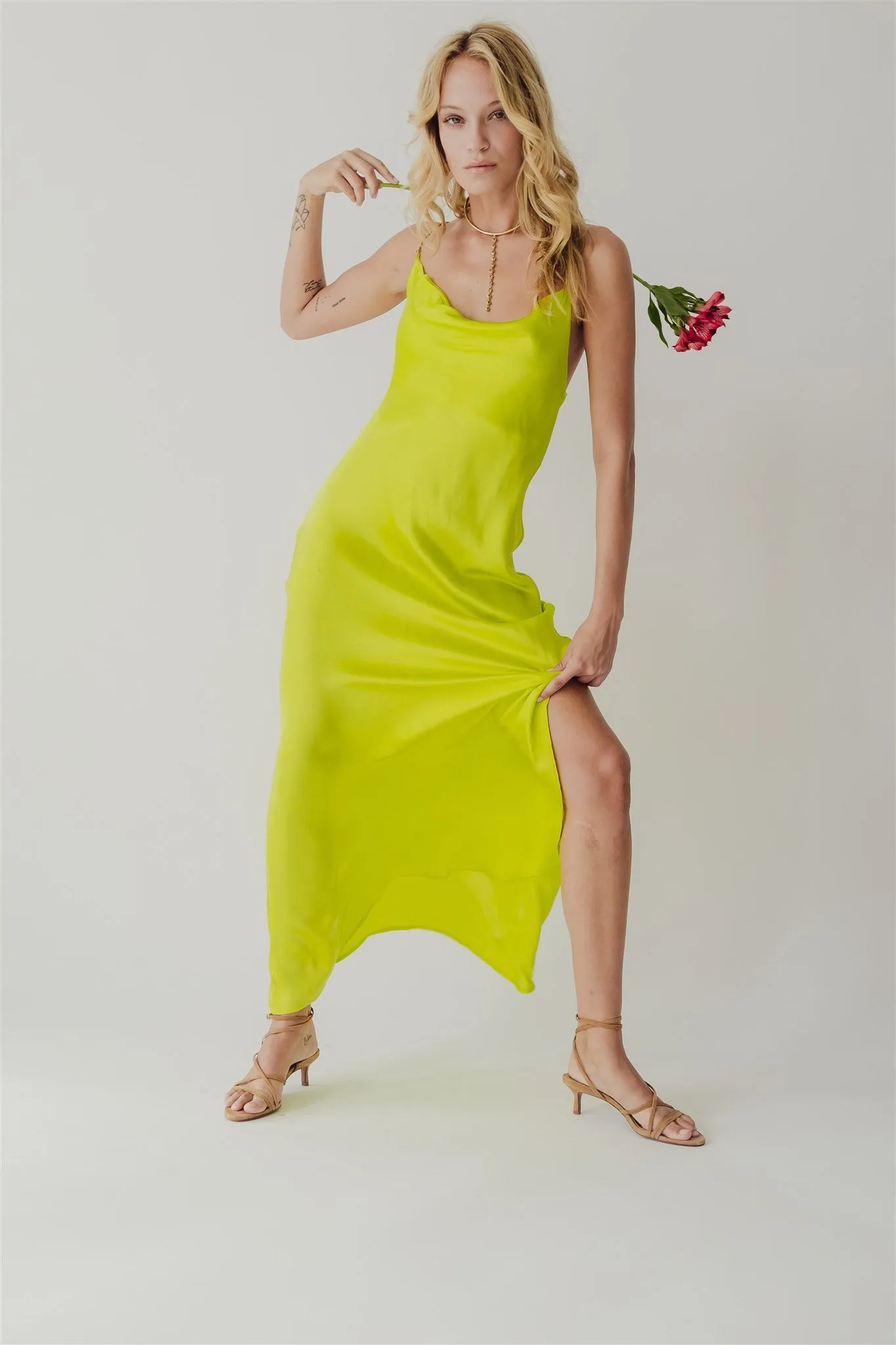 Fara Satin Long Dress Cyber Lime