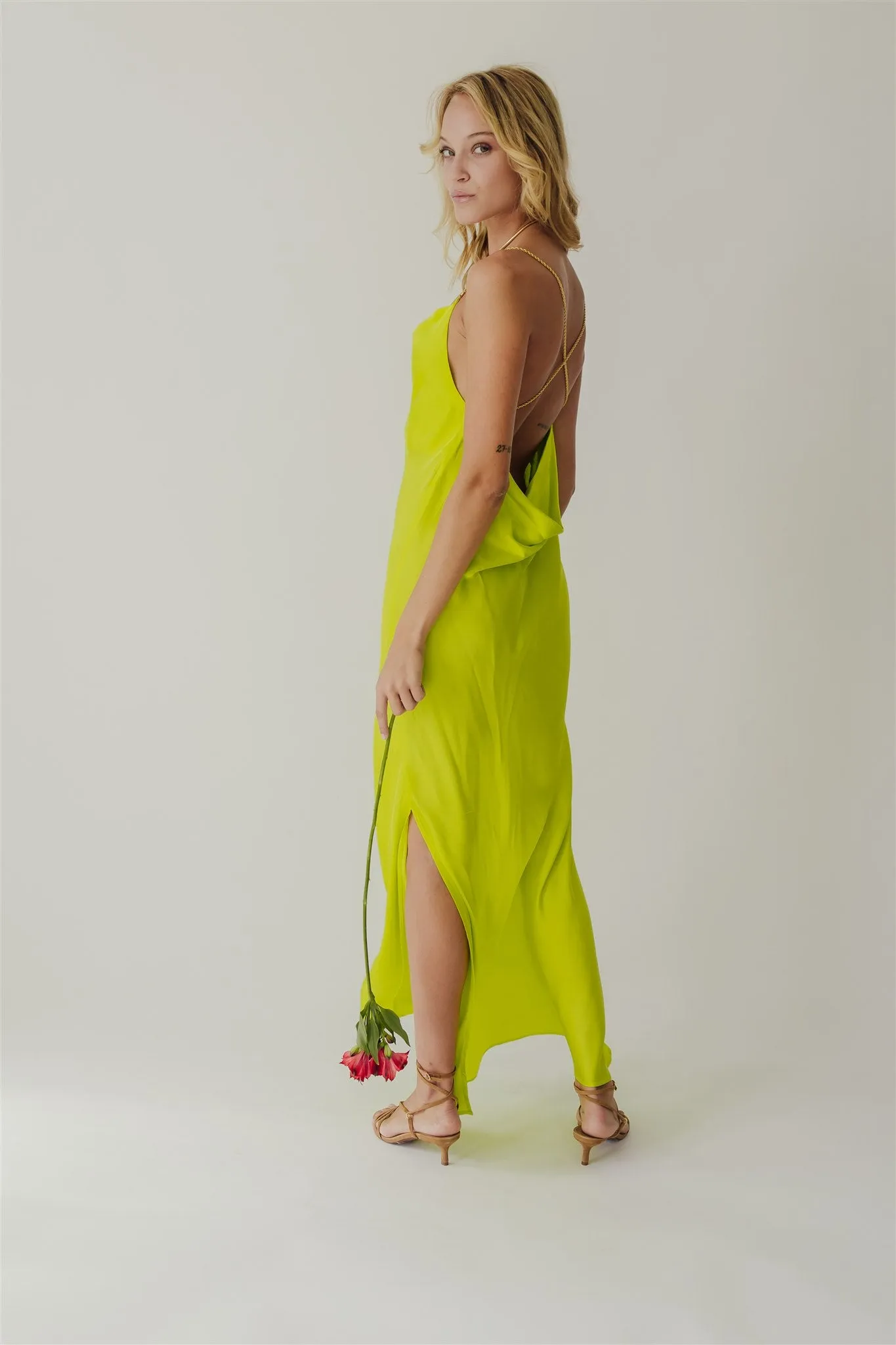 Fara Satin Long Dress Cyber Lime