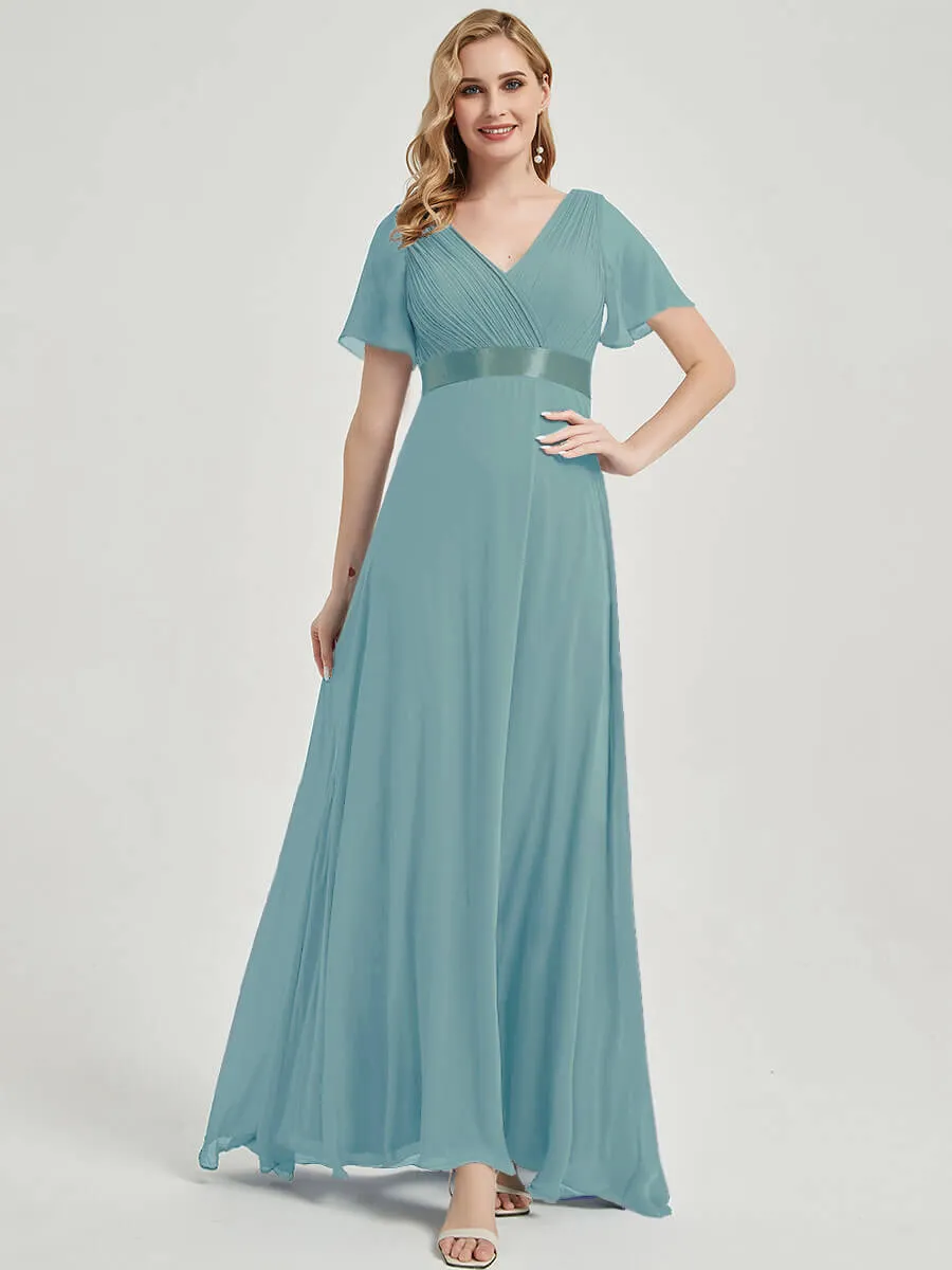 [Final Sale] Short Sleeve Moody Blue Chiffon Bridesmaid Dress For Plus Size Women