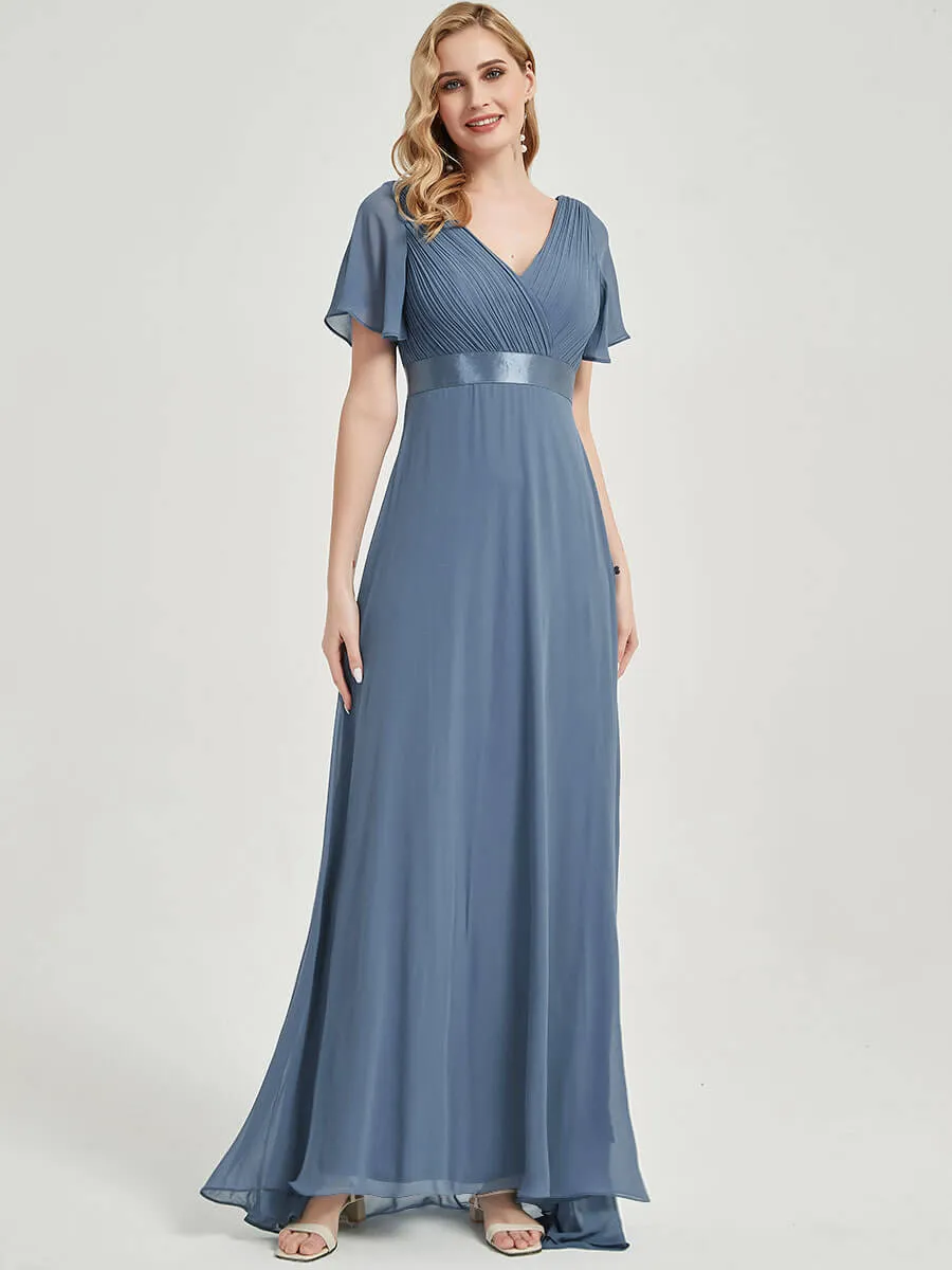 [Final Sale] Short Sleeve Moody Blue Chiffon Bridesmaid Dress For Plus Size Women