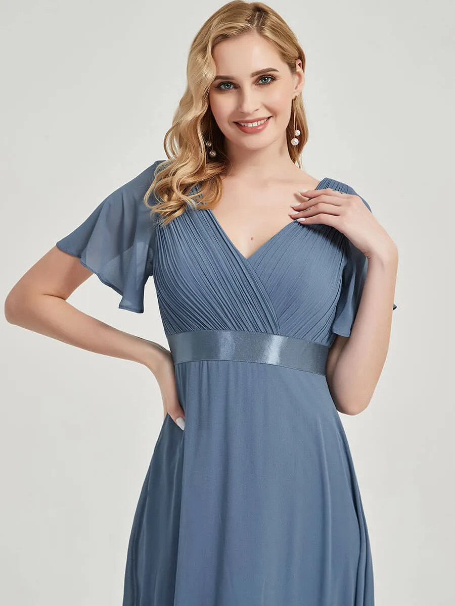 [Final Sale] Short Sleeve Moody Blue Chiffon Bridesmaid Dress For Plus Size Women