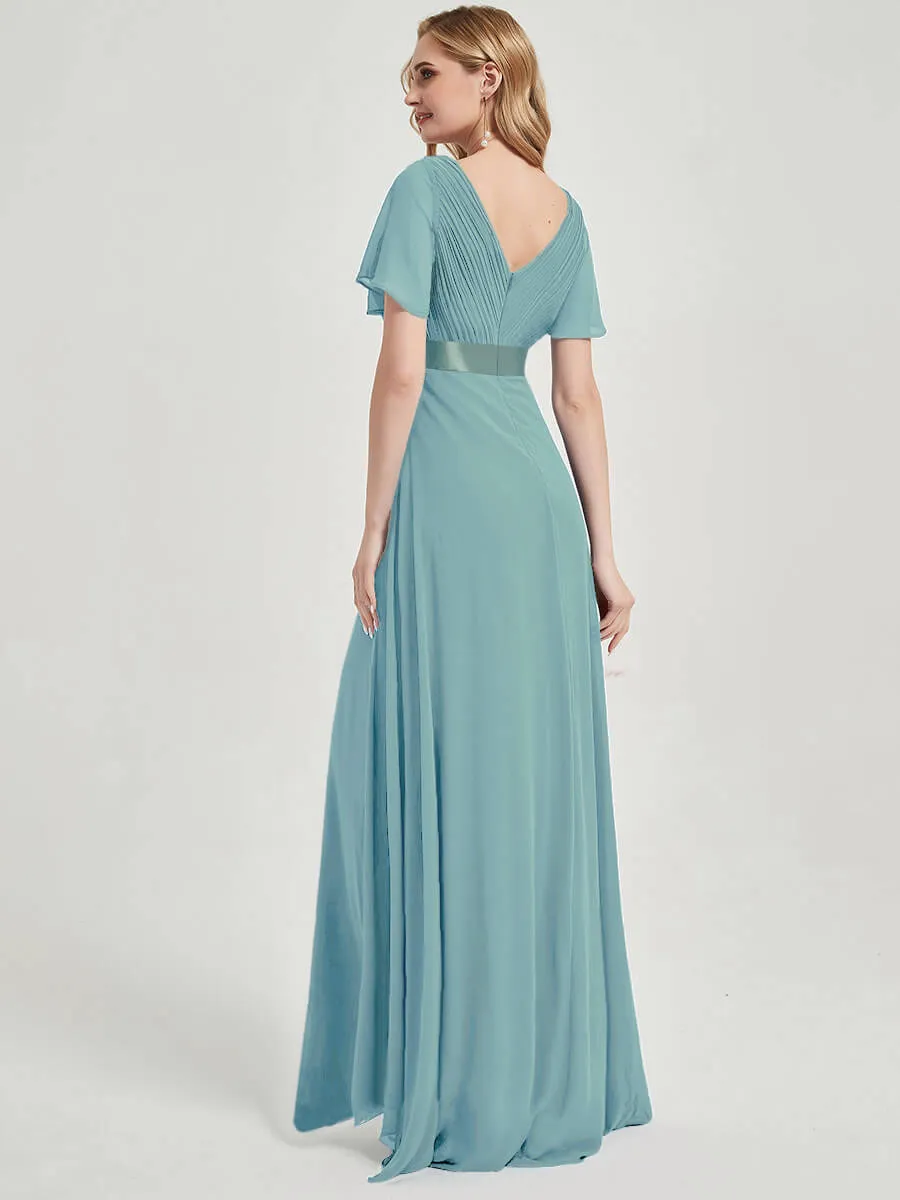 [Final Sale] Short Sleeve Moody Blue Chiffon Bridesmaid Dress For Plus Size Women