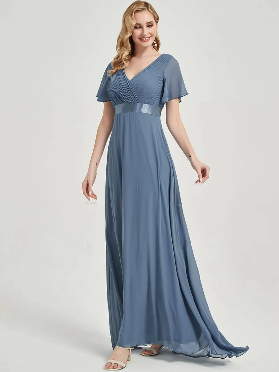 [Final Sale] Short Sleeve Moody Blue Chiffon Bridesmaid Dress For Plus Size Women