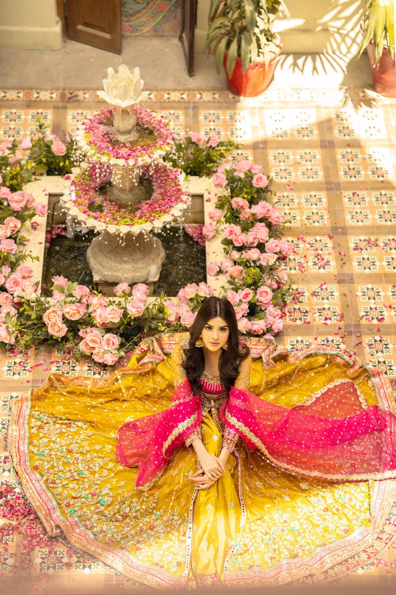 Frock Lehenga Yellow Pakistani Bridal Dress for Mehndi