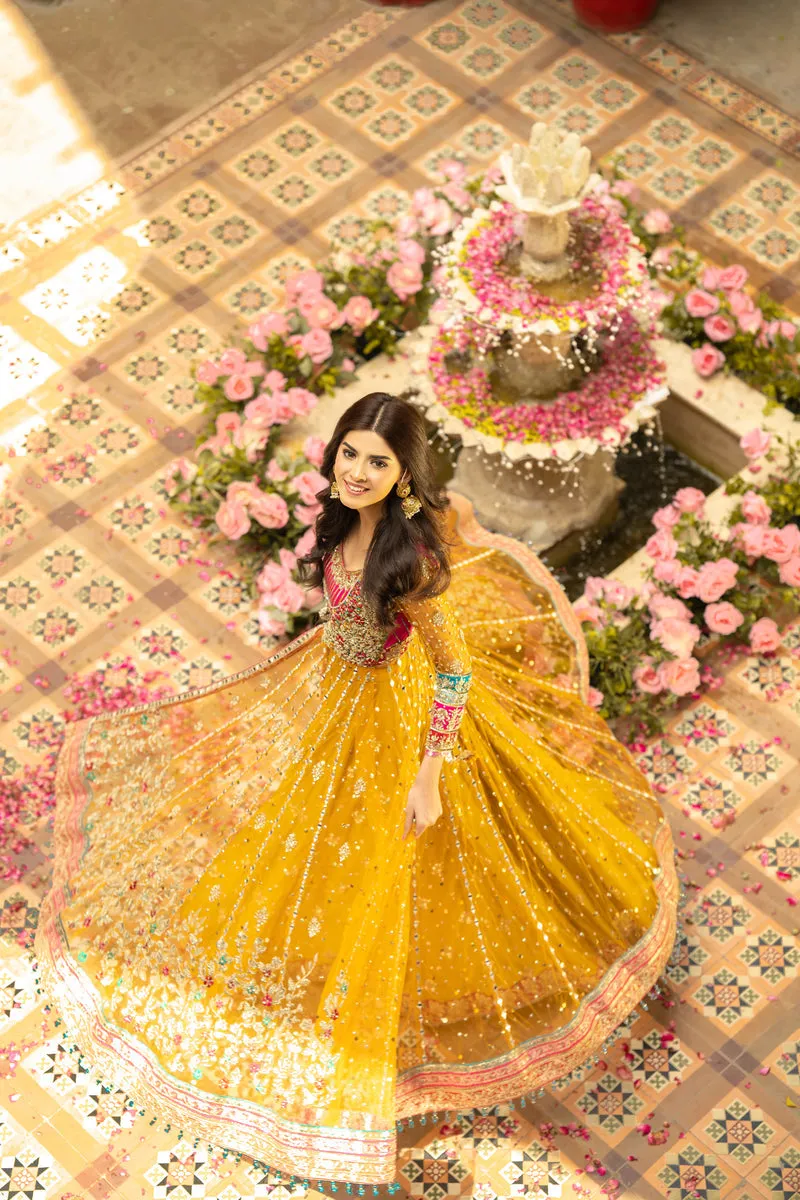 Frock Lehenga Yellow Pakistani Bridal Dress for Mehndi