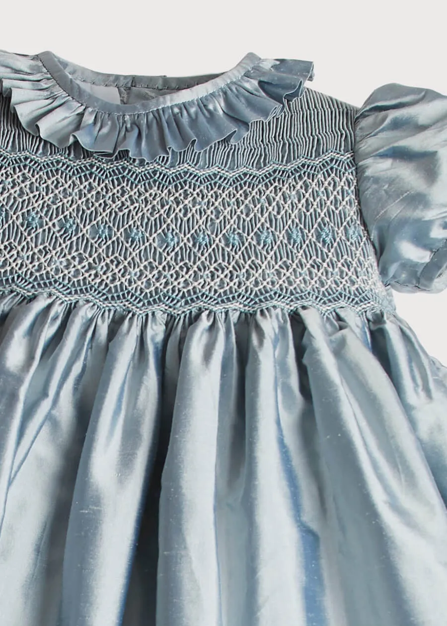 Girls Silk Hand Smocked Celebration Dress in Blue (12mths-10yrs)
