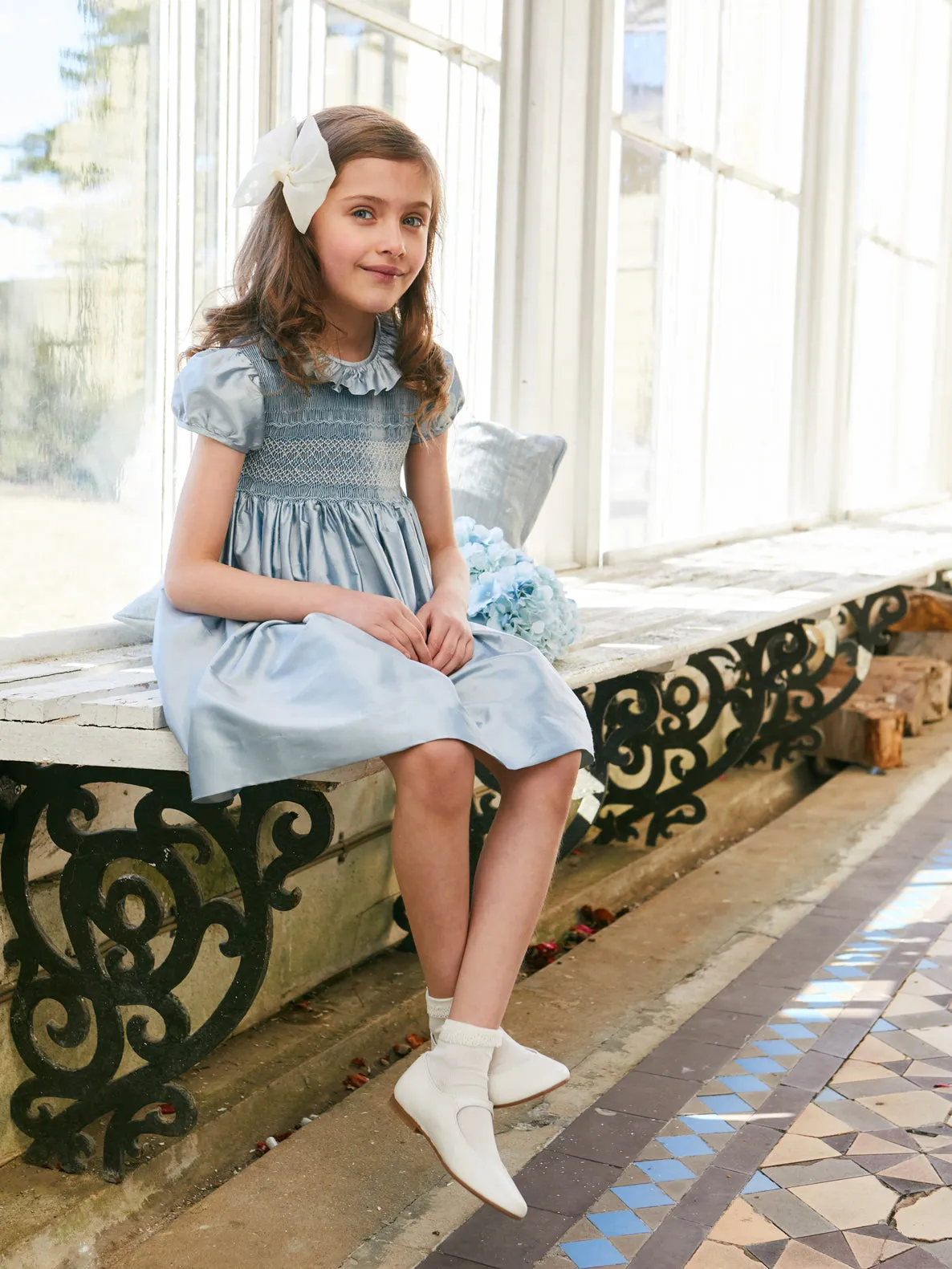 Girls Silk Hand Smocked Celebration Dress in Blue (12mths-10yrs)