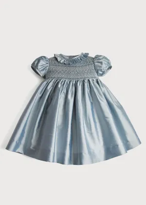 Girls Silk Hand Smocked Celebration Dress in Blue (12mths-10yrs)