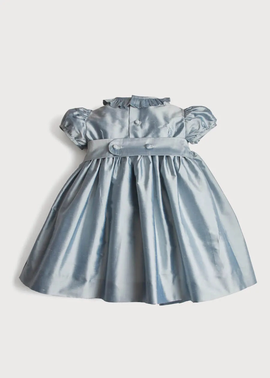 Girls Silk Hand Smocked Celebration Dress in Blue (12mths-10yrs)