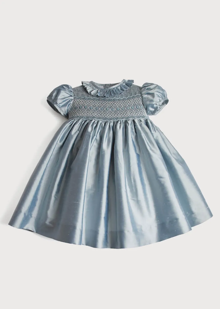 Girls Silk Hand Smocked Celebration Dress in Blue (12mths-10yrs)
