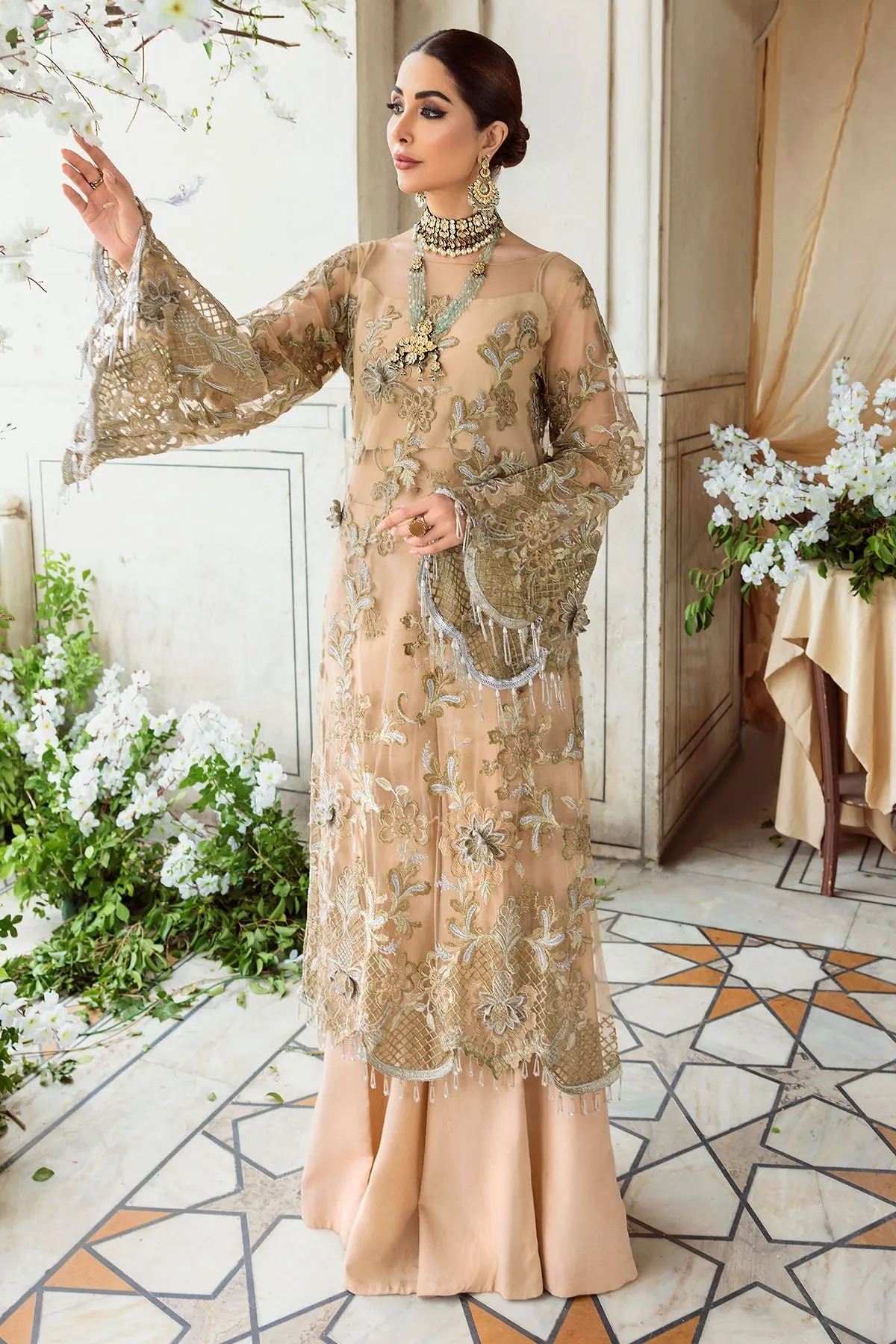 Gold Embroidered Silk Shirt with Sharara Pakistani Eid Dress