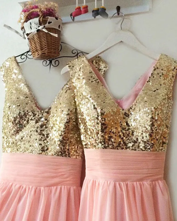 Gold Sequins Pink Chiffon Bridesmaid Dresses Ruffles V-Neck Floor Length