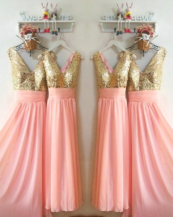 Gold Sequins Pink Chiffon Bridesmaid Dresses Ruffles V-Neck Floor Length
