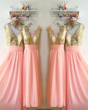 Gold Sequins Pink Chiffon Bridesmaid Dresses Ruffles V-Neck Floor Length