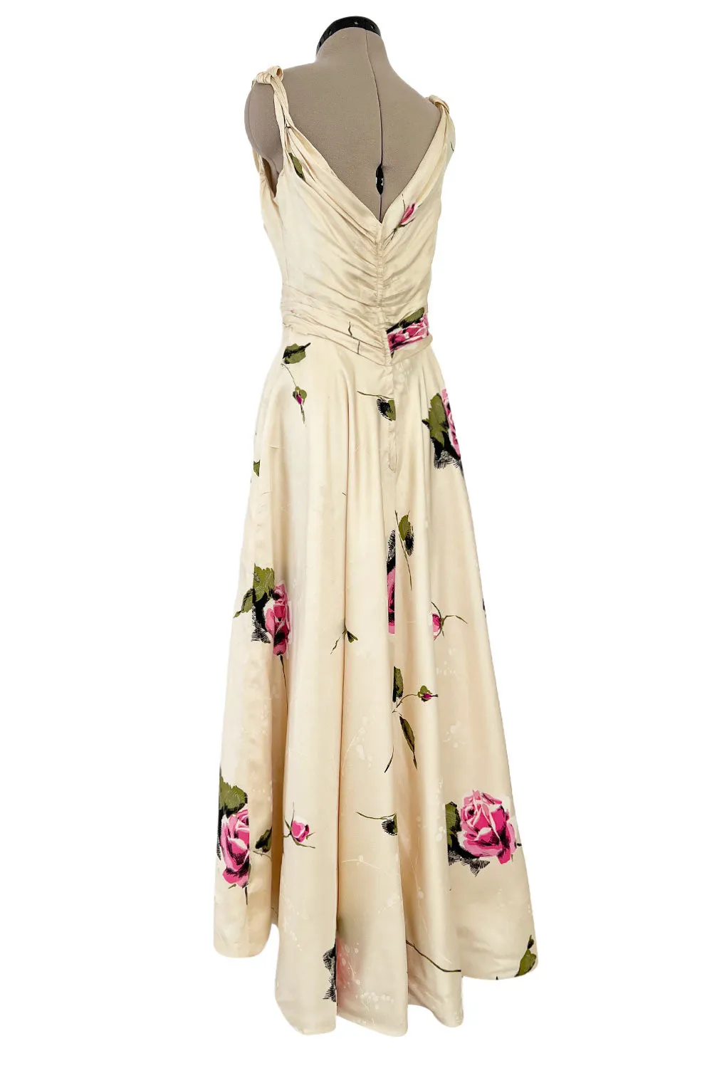 Gorgeous 1940s Unlabeled Ivory Silk Twill Dress w Painted & Appliqued Rose Print