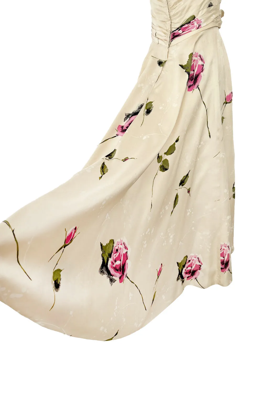 Gorgeous 1940s Unlabeled Ivory Silk Twill Dress w Painted & Appliqued Rose Print