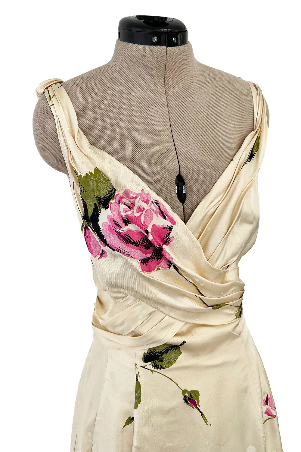 Gorgeous 1940s Unlabeled Ivory Silk Twill Dress w Painted & Appliqued Rose Print