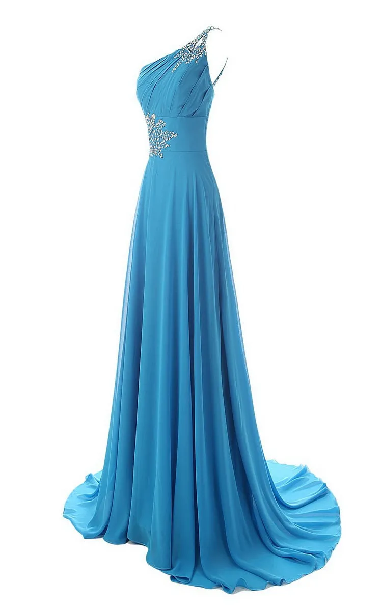 Gorgeous One-shoulder Court Train With Crystal Embellishments-309480